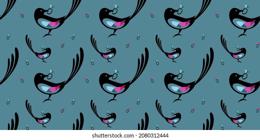 Seamless pattern of Magpie birds with diamond ring in its beak. For branding jewelry store, wedding, kids card. Vector illustration