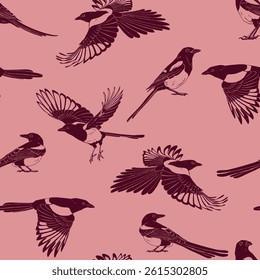 Seamless pattern with magpie, flying bird. Hand drawn vector illustration.