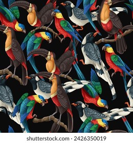 Seamless pattern with magpies, parrots and toucans. Vector