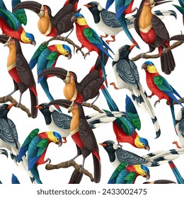 Seamless pattern with magpies, parrots and toucans. Vector