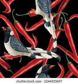Seamless pattern with magpies and red pappers. Vector