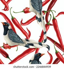 Seamless pattern with magpies and red pappers. Vector.