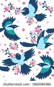 Seamless pattern of magpies and sakura. Spring mood. Vector graphics.