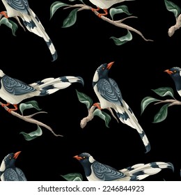 Seamless pattern with magpies. Vector