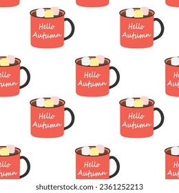 Seamless pattern of mags with lettering Hello autumn, drink and marshmallow in trendy seasons shades