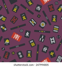Seamless pattern with mahjong (majiang) tiles: 1,2,4,5,7,8 symbols; 1,2,3,5,6,7,9 dots; 1,3,5,6,8 bamboos; honors: east, west, green, white and red dragon; riichi counters: east, south, pointer, dice