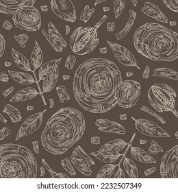 Seamless pattern with mahogany:  swietenia plant, leaves and wood of mahogany. Swietenia. Cosmetic, perfumery and medical plant. Vector hand drawn illustration