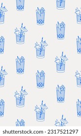 Seamless pattern of Mai Tai and Bloody Mary cocktails. Line art, retro. Vector illustration for bars, cafes, and restaurants.