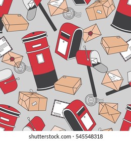 Seamless pattern with mail boxes, envelopes and parcels. Set of objects, post office hand drawn icons. Decorative wallpaper, good for printing. Design background with objects