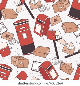 Seamless pattern with mail boxes, envelopes and parcels. Set of objects, post office hand drawn icons. Decorative wallpaper, good for printing. Design overlapping background