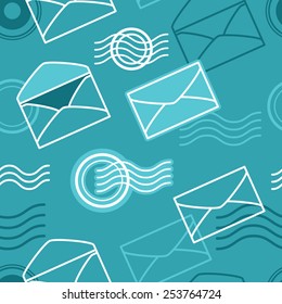 Seamless pattern with mail symbols, envelopes and stamps.