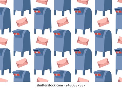 Seamless pattern with mailbox and letter on white isolated background. Red and blue mailbox. Pattern for fabric, packaging. Theme of communication, mail.