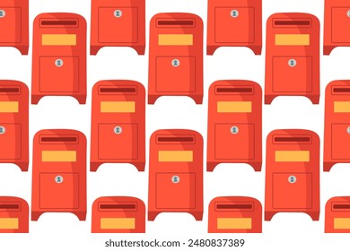 Seamless pattern with mailbox and letter on white isolated background. Red and blue mailbox. Pattern for fabric, packaging. Theme of communication, mail.