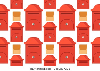 Seamless pattern with mailbox and letter on white isolated background. Red and blue mailbox. Pattern for fabric, packaging. Theme of communication, mail.