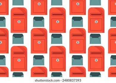 Seamless pattern with mailbox and letter on white isolated background. Red and blue mailbox. Pattern for fabric, packaging. Theme of communication, mail.