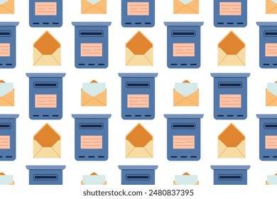 Seamless pattern with mailbox and letter on white isolated background. Red and blue mailbox. Pattern for fabric, packaging. Theme of communication, mail.