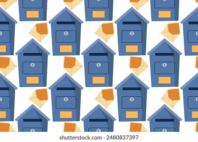 Seamless pattern with mailbox and letter on white isolated background. Red and blue mailbox. Pattern for fabric, packaging. Theme of communication, mail.