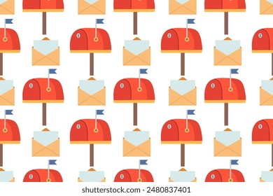 Seamless pattern with mailbox and letter on white isolated background. Red and blue mailbox. Pattern for fabric, packaging. Theme of communication, mail.