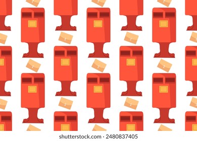 Seamless pattern with mailbox and letter on white isolated background. Red and blue mailbox. Pattern for fabric, packaging. Theme of communication, mail.