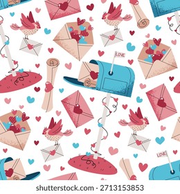 Seamless Pattern With Mailbox, Love Letters And Hearts In Flat Style. Vintage Valentine's Day Correspondence Texture For Fabric, Background, Packaging, Wallpaper And Surface Design.