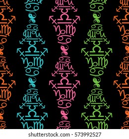 Seamless pattern with main astrological  alchemical signs and symbols. Vector black  background.