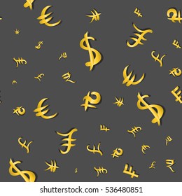 Seamless pattern of main money currency signs different sizes on gray. Vector