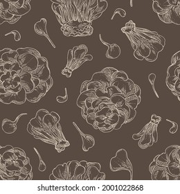 Seamless pattern with maitake: piece of mushroom, maitake mushrooms. Grifola frondosa. Vector hand drawn Mushroom illustrations