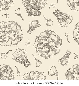Seamless pattern with maitake: piece of mushroom, maitake mushrooms. Grifola frondosa. Vector hand drawn Mushroom illustrations
