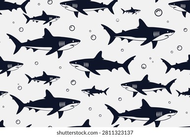 Seamless pattern of majestic dark blue sharks swimming silently among small bubbles on a clean white background.