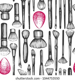 Seamless pattern with make up brushes on the white background