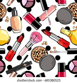 Seamless pattern with make up products. Cosmetics. 