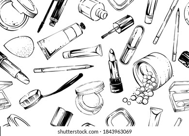 Seamless pattern of make up products, hand drawn vector