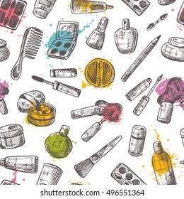 Seamless pattern with make up products on the watercolor splashes. Beauty and cosmetics. Hand drawn vector Illustration. Shadow, primer, mascara, lipstick, eyeshadow, brush, cream, perfume and other.