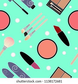 Seamless pattern  make up tools. Cosmetics Vector illustration fashion style.