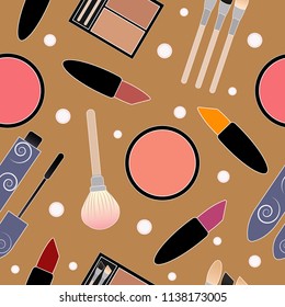 Seamless pattern  make up tools. Cosmetics Vector illustration fashion style.