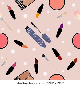 Seamless pattern  make up tools. Cosmetics Vector illustration fashion style.