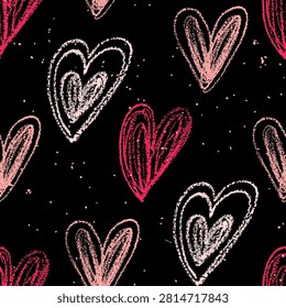 seamless pattern makes pink heart scribbles on black background with texture. cute background of naive heart sketches. stock vector illustration. EPS 10.