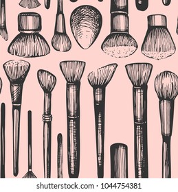 Seamless pattern with Makeup Brush on the pink background