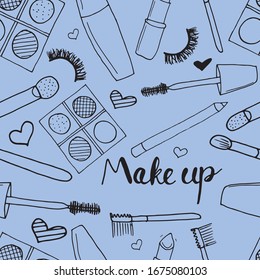 Seamless pattern with makeup equipment on blue background. Simple vector hand drawn illustration in doodle cartoon style. Print for textile, wrapping paper, cloth, poster, advertisement