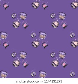 Seamless pattern with makeup eyeshadow blush and powder. Vector fashion illustrations with watercolor style paint splashes.  Design for logo, t shirt and uniform for beauty salon.