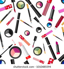 Seamless pattern of makeup mascara tube and lipstick lip gloss vector illustration on white background website page and mobile app design.