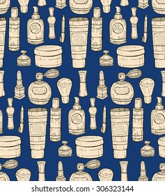 Seamless pattern with makeup products. Fashion background. Vector