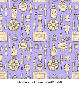 Seamless pattern with makeup products on purple background. Fashion background. Vector