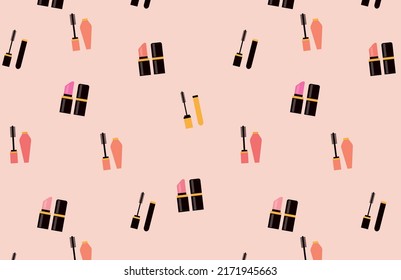 Seamless pattern of makeup set texture with decorative beauty products. Eyes and lip cosmetics: mascara and lipstick. Flat vector illustration for beauty shop, packaging, web, prints, textiles