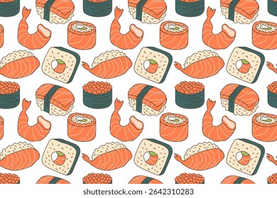 Seamless Pattern with Maki menu. Fresh hosomaki pieces with rice and nori, red fish, caviar, shrimp. Hand drawn lineart vector food illustration. Repeated background, textile, wallpaper, packaging.