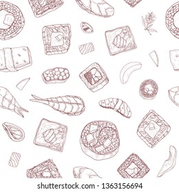Seamless pattern with maki and nigiri sushi and rolls hand drawn with contour lines on white background. Backdrop with Japanese food for lunch or dinner. Monochrome realistic vector illustration.