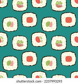 Seamless pattern with maki sushi on a turquoise background