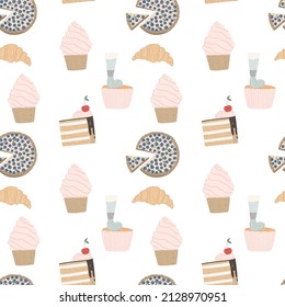 Seamless pattern with making colorful cupcakes decorating pink cream, piece of cake, pie with berries, croissant on white background in cartoon style