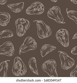 Seamless pattern with malay apple: yamboza fruit, malay apple slice and leaves. Syzygium malaccense. Vector hand drawn illustration.