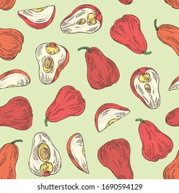 Seamless pattern with malay apple: yamboza fruit, malay apple slice and leaves. Syzygium malaccense. Vector hand drawn illustration.
